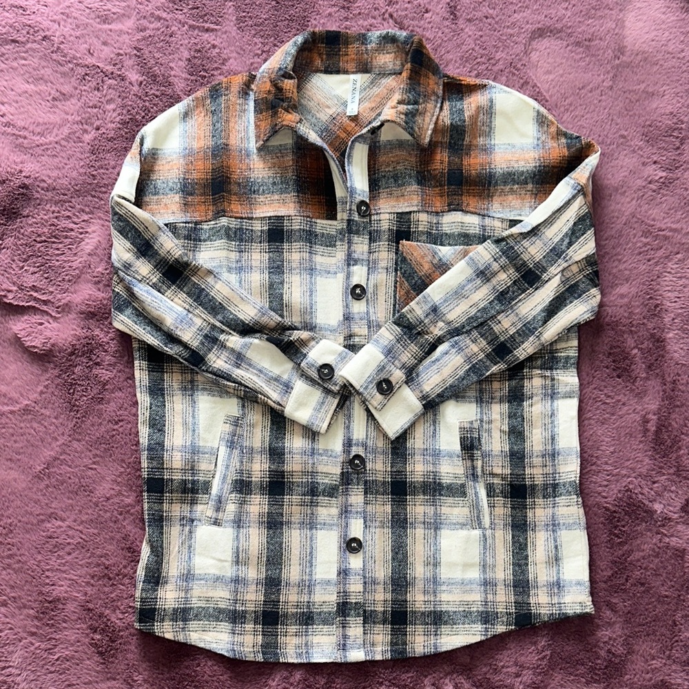 Plaid Button-Up Shacket in Unique Flannel Pattern